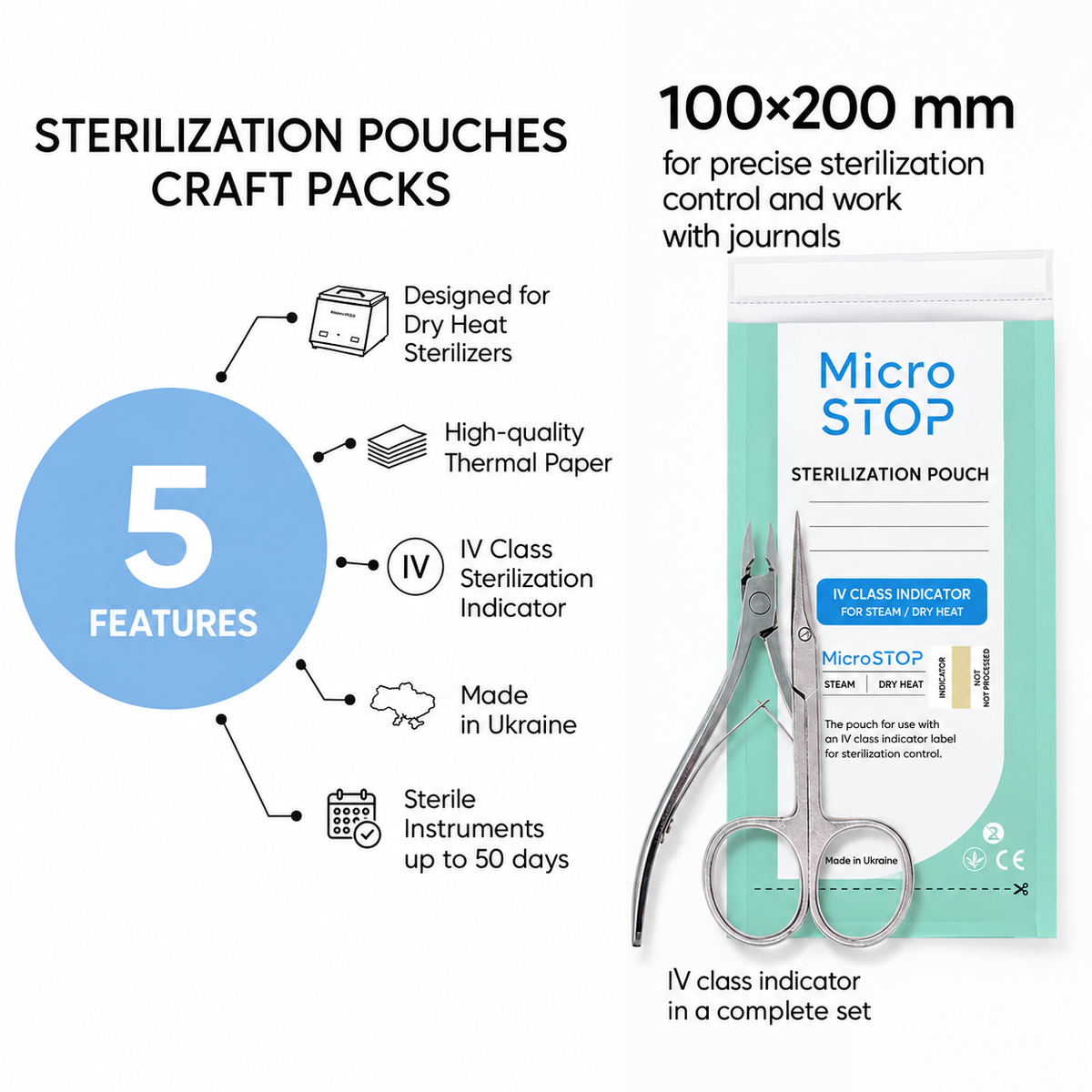 Microstop Pro Kraft bags with class 4 indicator 100×200 mm