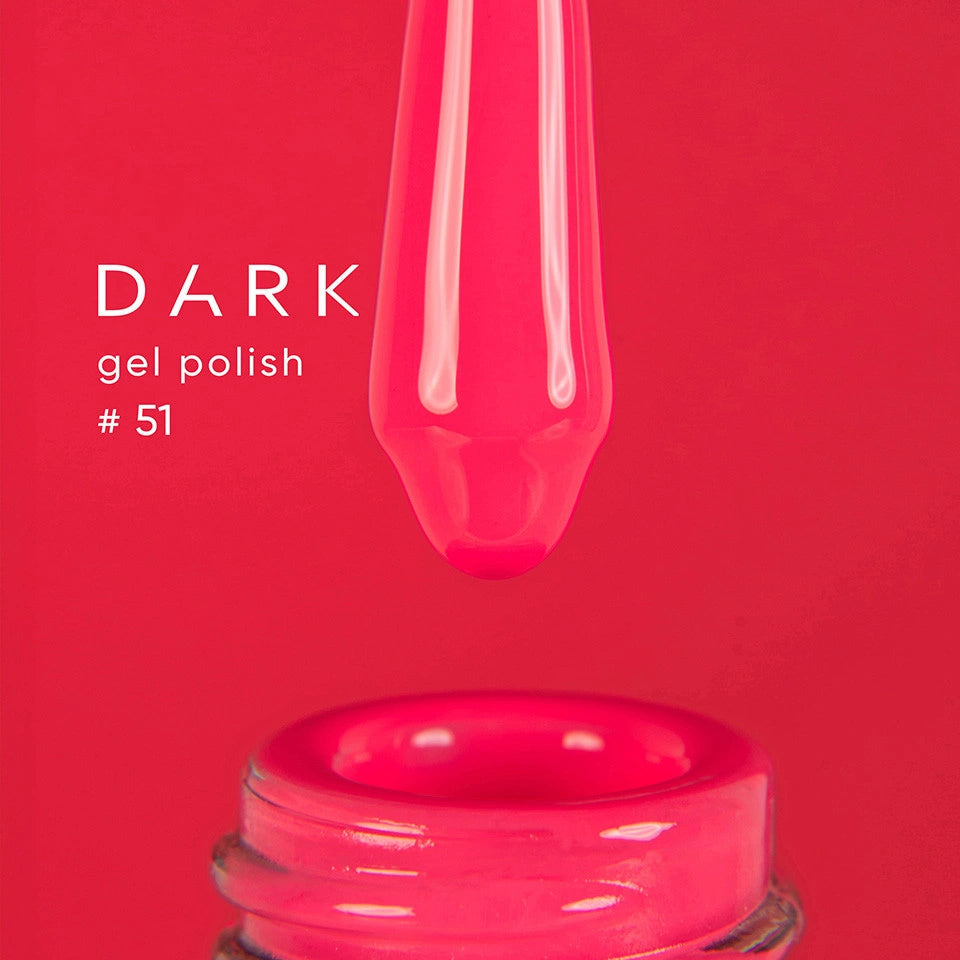 Pink gel polish dropper with a bottle cap on a red background, labeled 'Dark gel polish #51'.