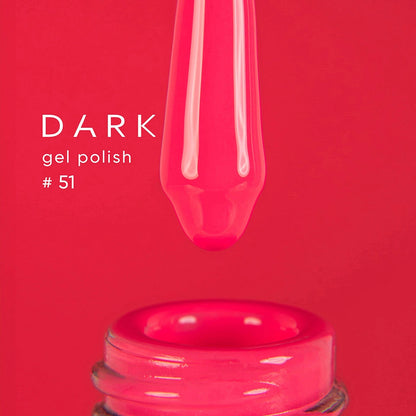 Pink gel polish dropper with a bottle cap on a red background, labeled 'Dark gel polish #51'.
